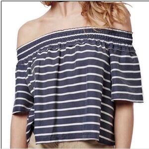 Topshop Bardot top navy white striped off the shoulder swing style shirring